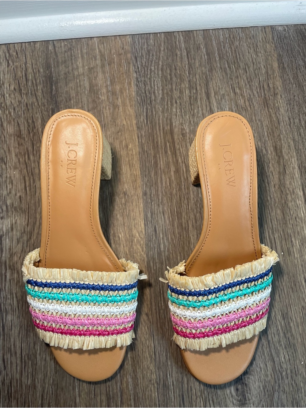 J Crew Raffia Rainbow Woven Block Heel Sandals Womens 6.5 Vacation Coastal - Picture 3 of 6